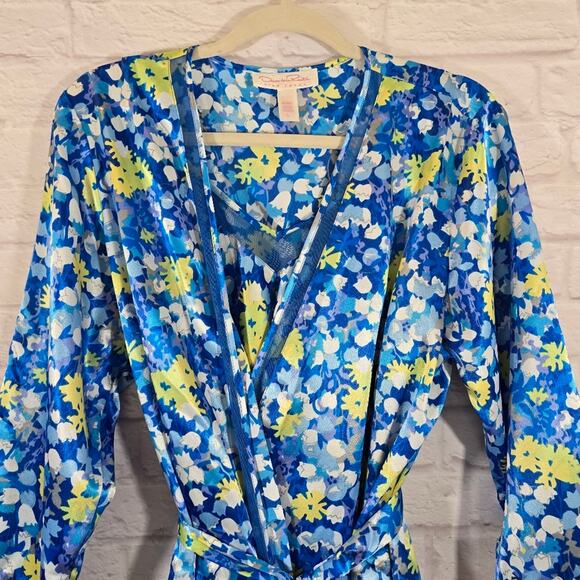 L Oscar De La Renta Pink Label VTG Blue Floral Slip & Robe Set Sze L Satin Bloom - Picture 2 of 16